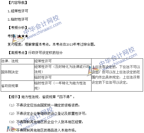 稅務(wù)師《涉稅服務(wù)相關(guān)法律》高頻考點：行政許可設(shè)定權(quán)的劃分