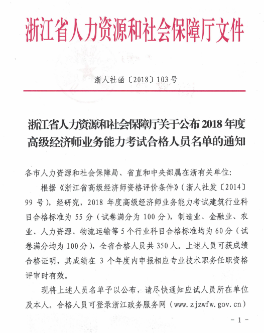 浙江省2018年高級經(jīng)濟師考試合格人員名單