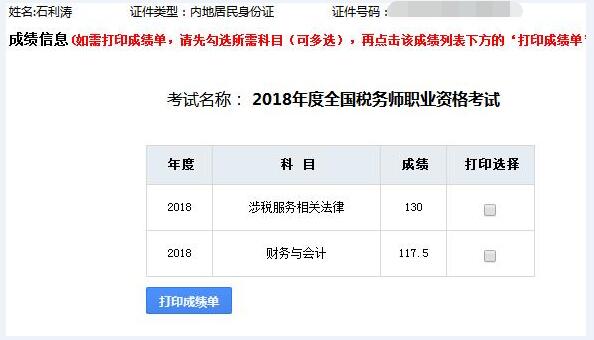 2018年稅務(wù)師考試成績單