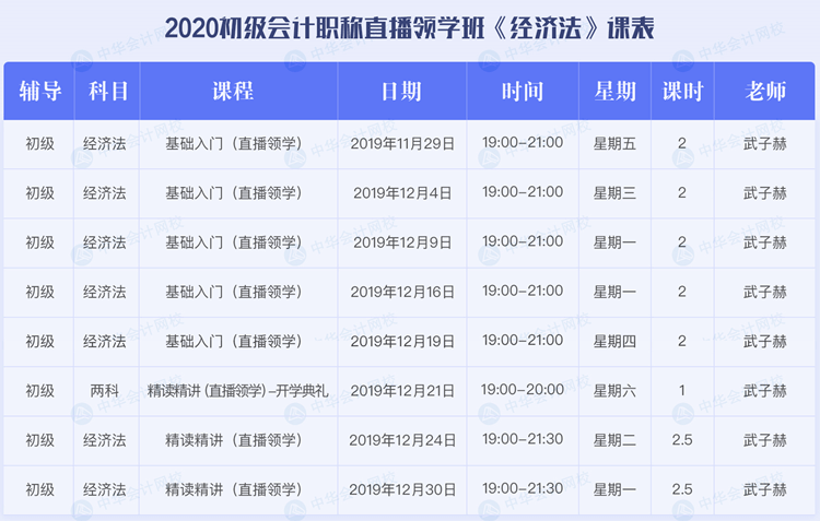 2020初級(jí)會(huì)計(jì)職稱(chēng)考試直播領(lǐng)學(xué)班《經(jīng)濟(jì)法基礎(chǔ)》課程安排表