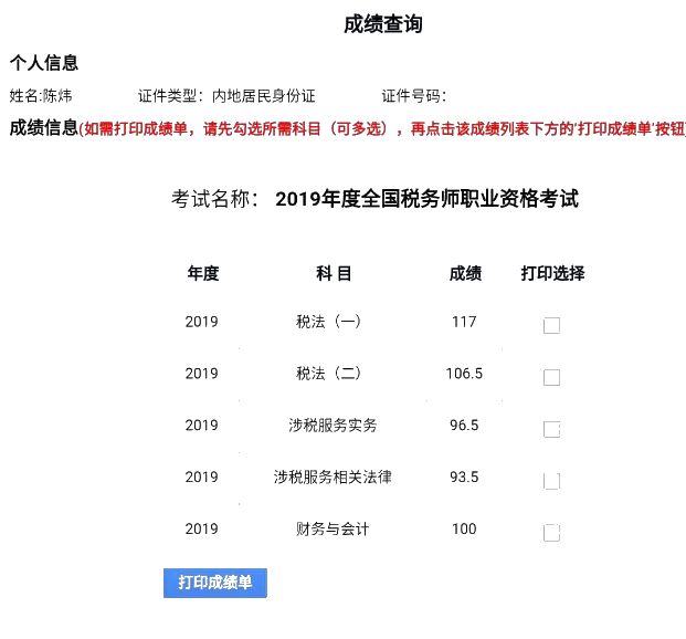 陳煒稅務(wù)師成績(jī)單