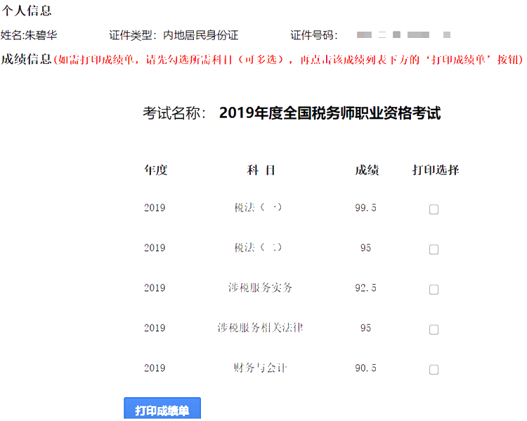 2019稅務(wù)師一次過五科高分學(xué)員成績單4