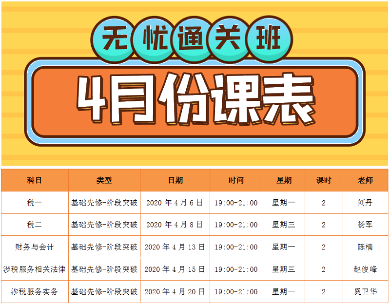 2020稅務師無憂直達班4月份課程表