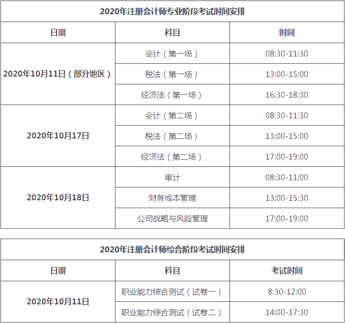 天津2020注會考試科目時間表一覽