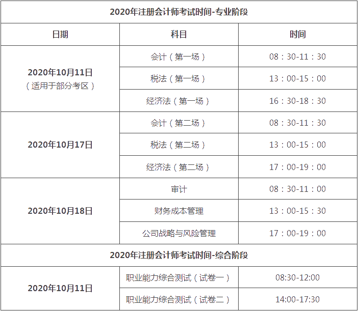 西藏2020年cpa考試時間在什么時候？