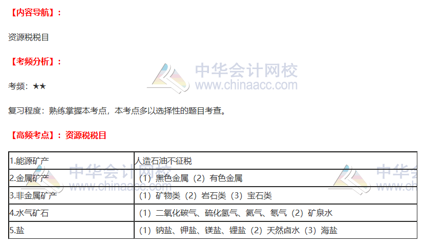 2020注會《稅法》第八章高頻考點：資源稅稅目