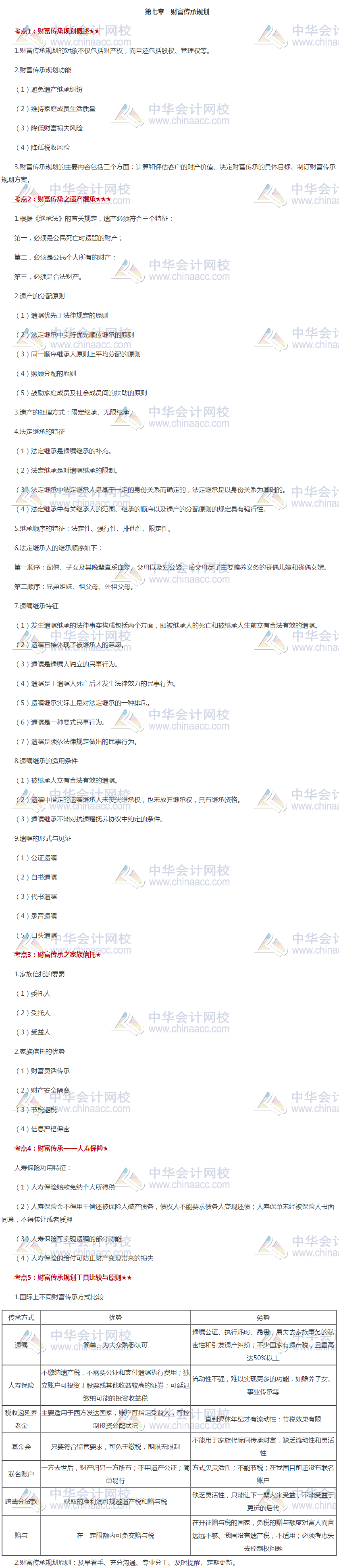 銀行中級(jí)《個(gè)人理財(cái)》高頻考點(diǎn)第七章：財(cái)富傳承規(guī)劃