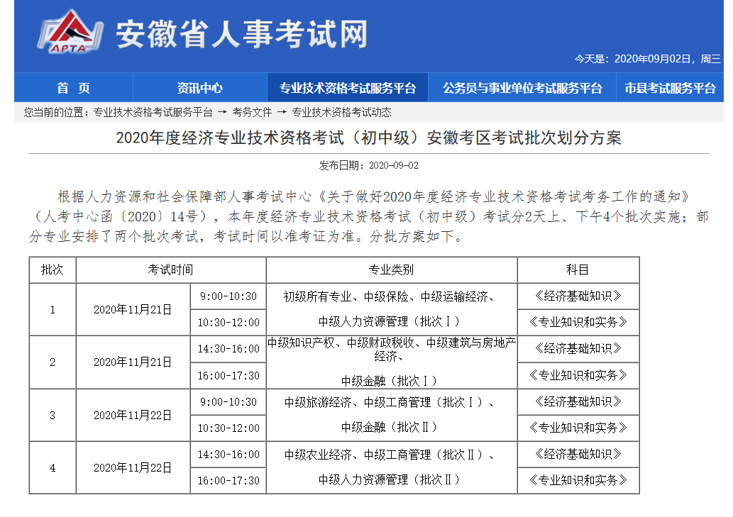 2020年初中級經(jīng)濟師考試安排