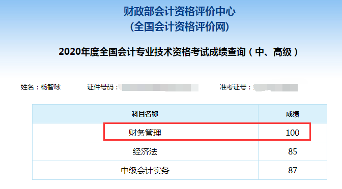 中級會計(jì)職稱學(xué)員成績單