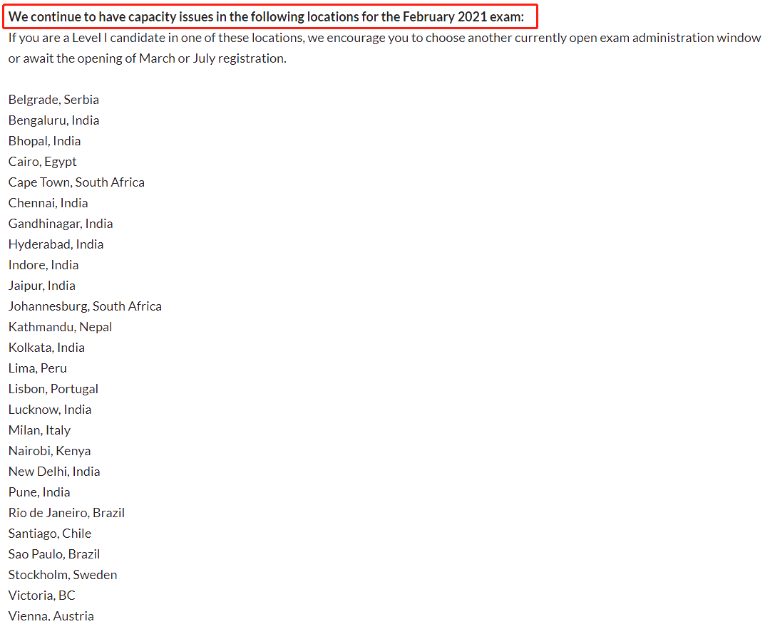 2021年2月CFA考生注意 這些考點(diǎn)已關(guān)閉考場(chǎng)預(yù)約！