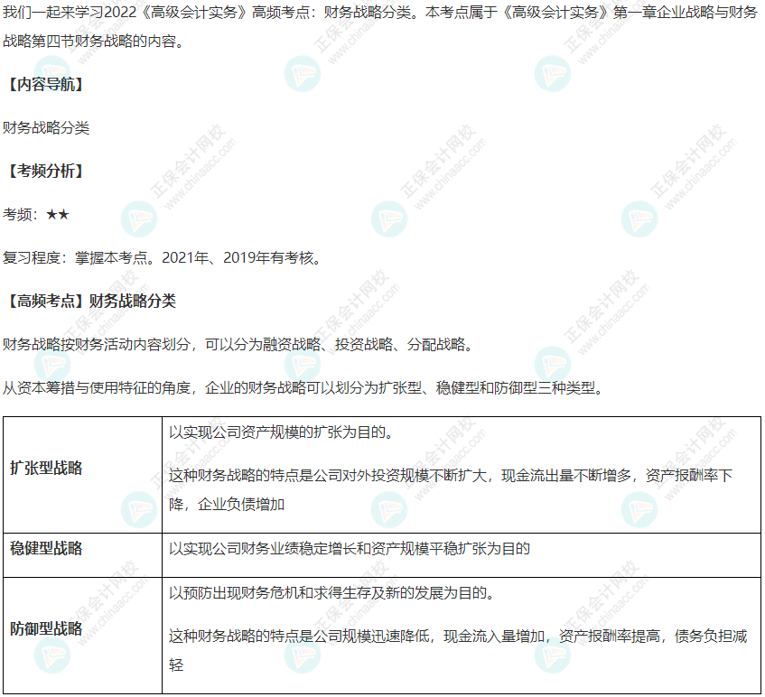 2022《高級會計實務》高頻考點：財務戰(zhàn)略分類