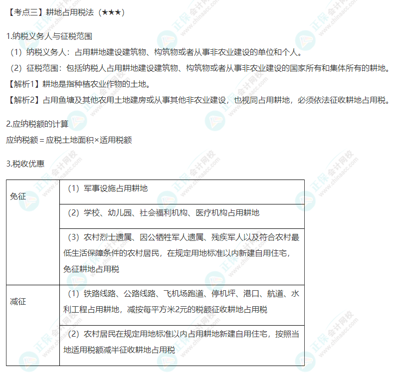 2022年注會(huì)《稅法》第九章高頻考點(diǎn)3：耕地占用稅法