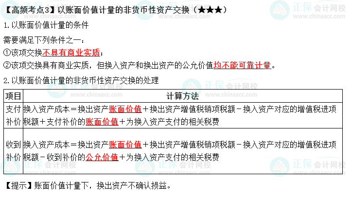 2022中級《中級會計實務(wù)》高頻考點：以賬面價值計量的非貨幣性資產(chǎn)交換（★★★）