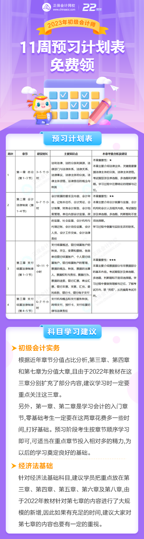 2023年初級(jí)會(huì)計(jì)考試11周預(yù)習(xí)計(jì)劃表免費(fèi)領(lǐng)！