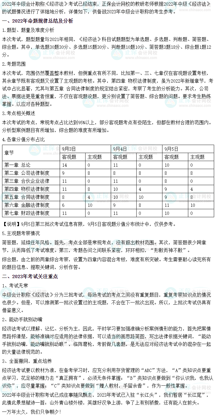 2022年中級會計職稱《經濟法》考情分析