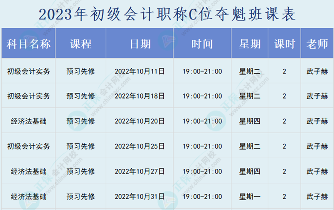 2023年初級會(huì)計(jì)職稱C位奪魁班直播課表表