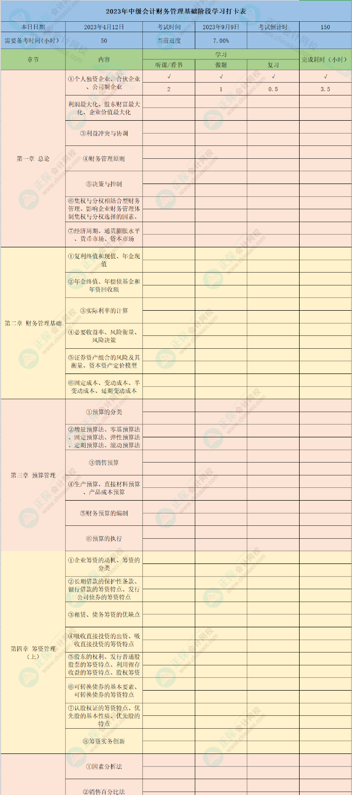 2023年中級會計財務管理10章學習打卡表