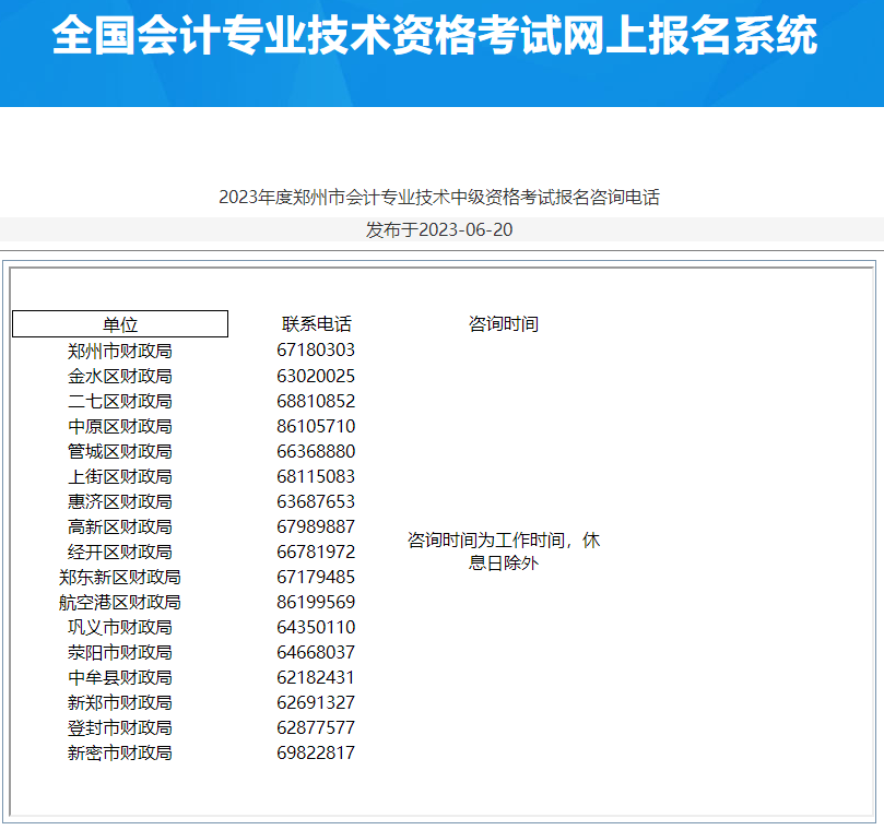 河南鄭州2023年中級會計資格考試報名咨詢電話