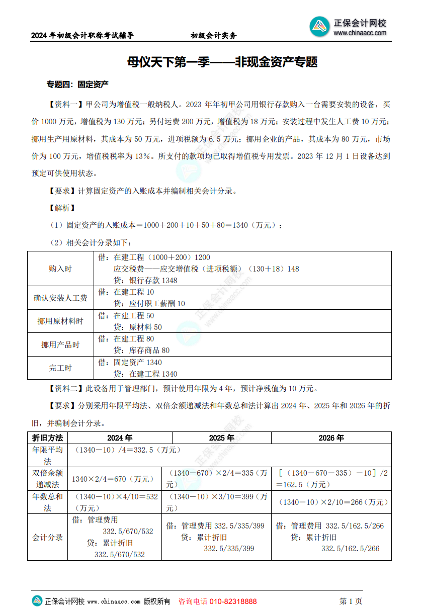 【答案下載】初級會計實務高志謙老師母儀天下：非流動資產專題答案下載