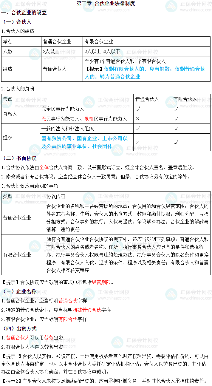 2024年中級會計職稱《經(jīng)濟(jì)法》三色筆記第三章：合伙法律制度