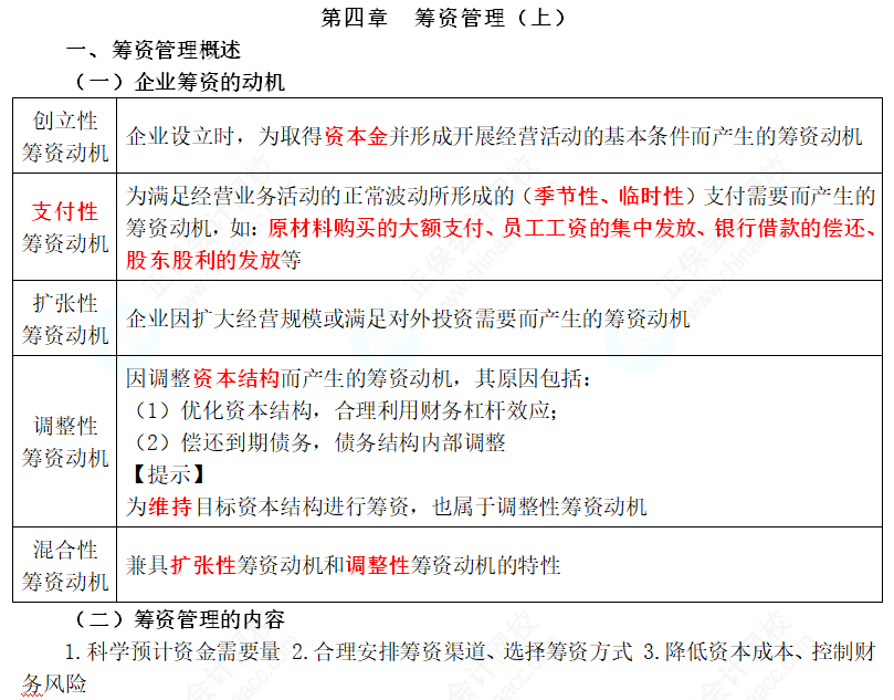 2024年中級會計職稱《財務(wù)管理》三色筆記第四章：籌資管理（上）