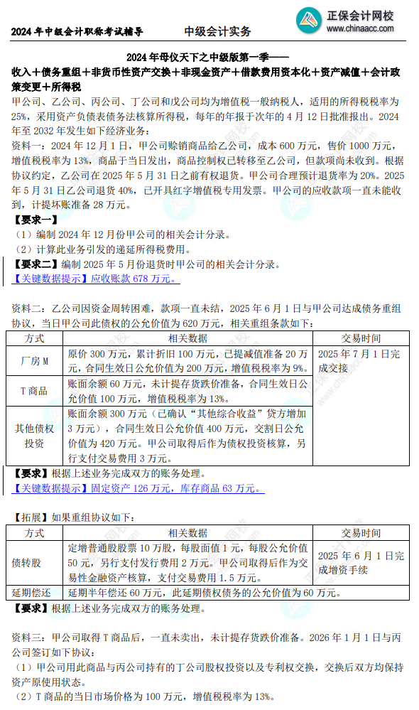 2024年《中級會計實務(wù)》母儀天下第一季-非現(xiàn)金資產(chǎn)專題