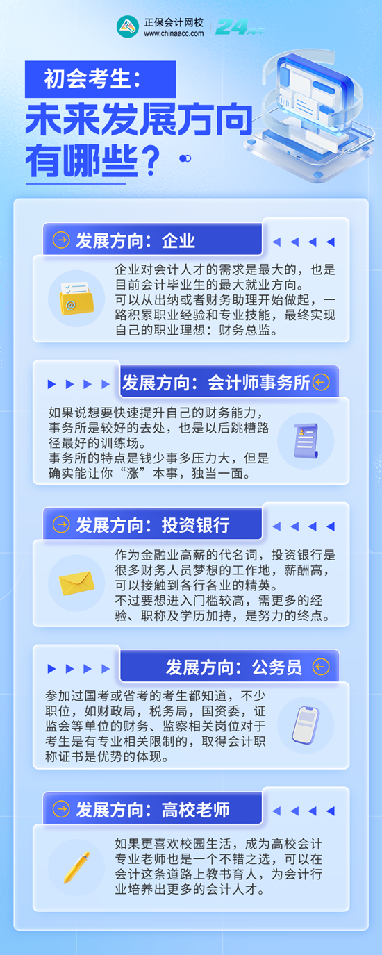 初級會計考生未來的發(fā)展方向有哪些？企業(yè)、事務所、銀行... ...