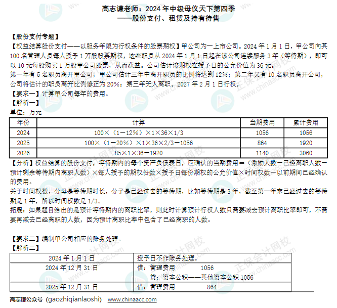 【答案】2024年《中級會計實務(wù)》母儀天下第四季-股份支付、租賃及持有待售