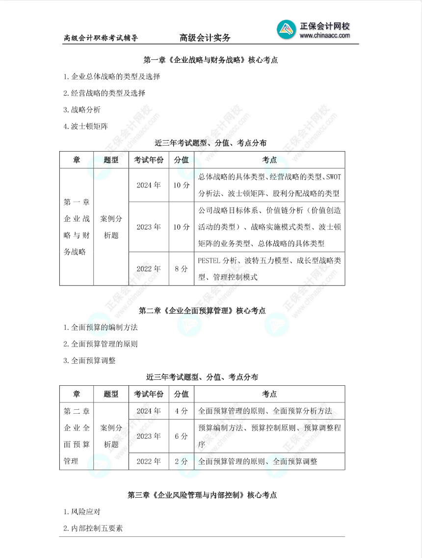 近3年高級會計(jì)師考試各章考點(diǎn)及分值分布分析