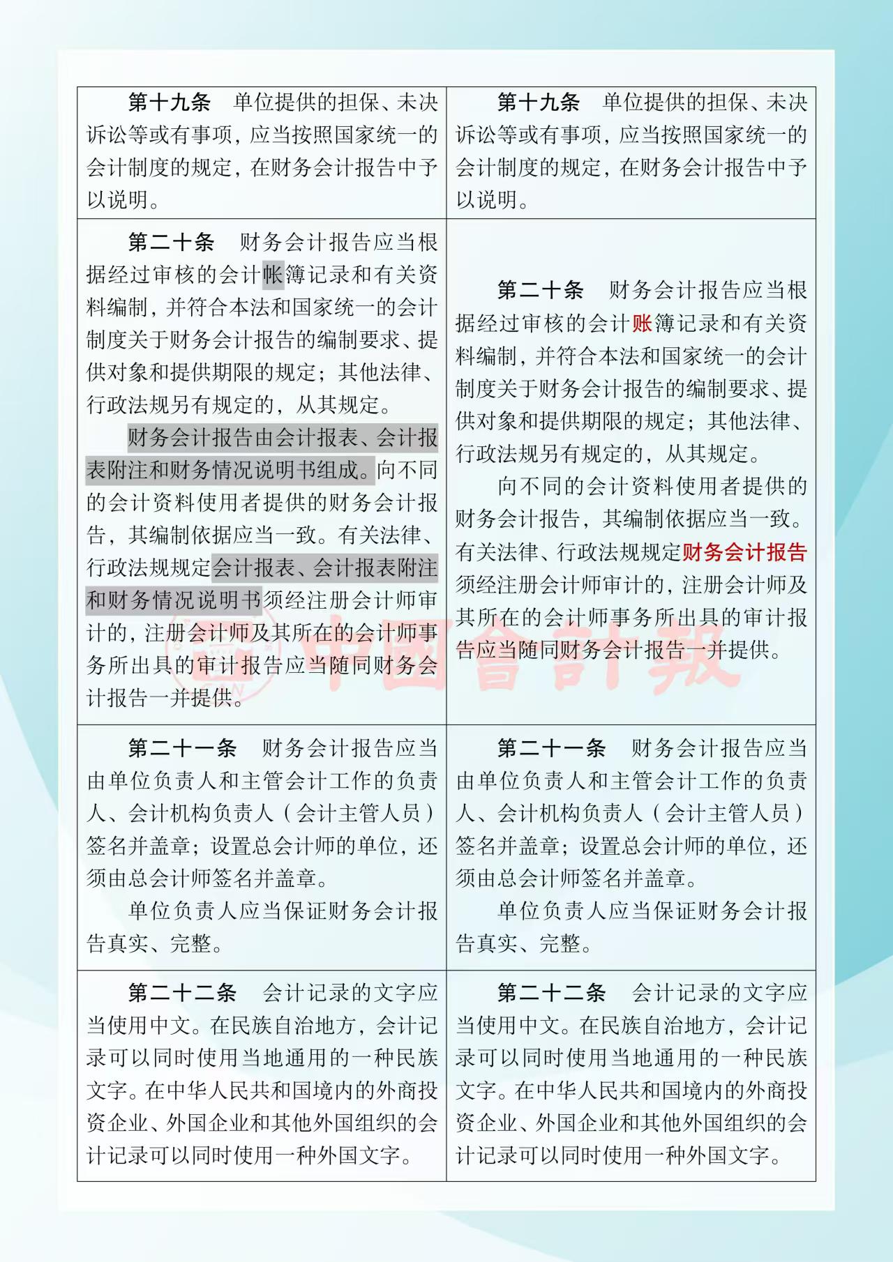 《中華人民共和國會計法》修改前后對照表6