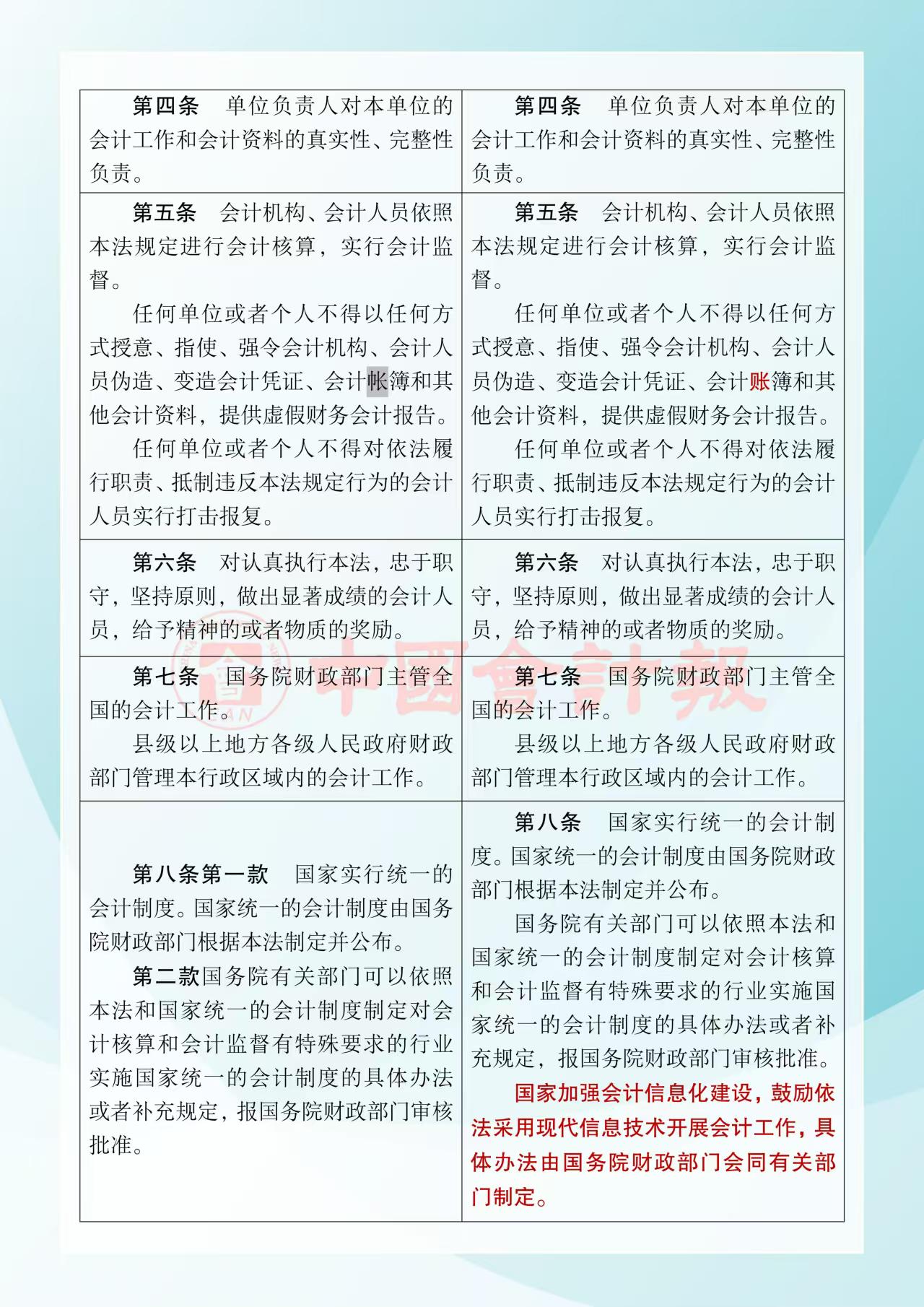 《中華人民共和國會計法》修改前后對照表2